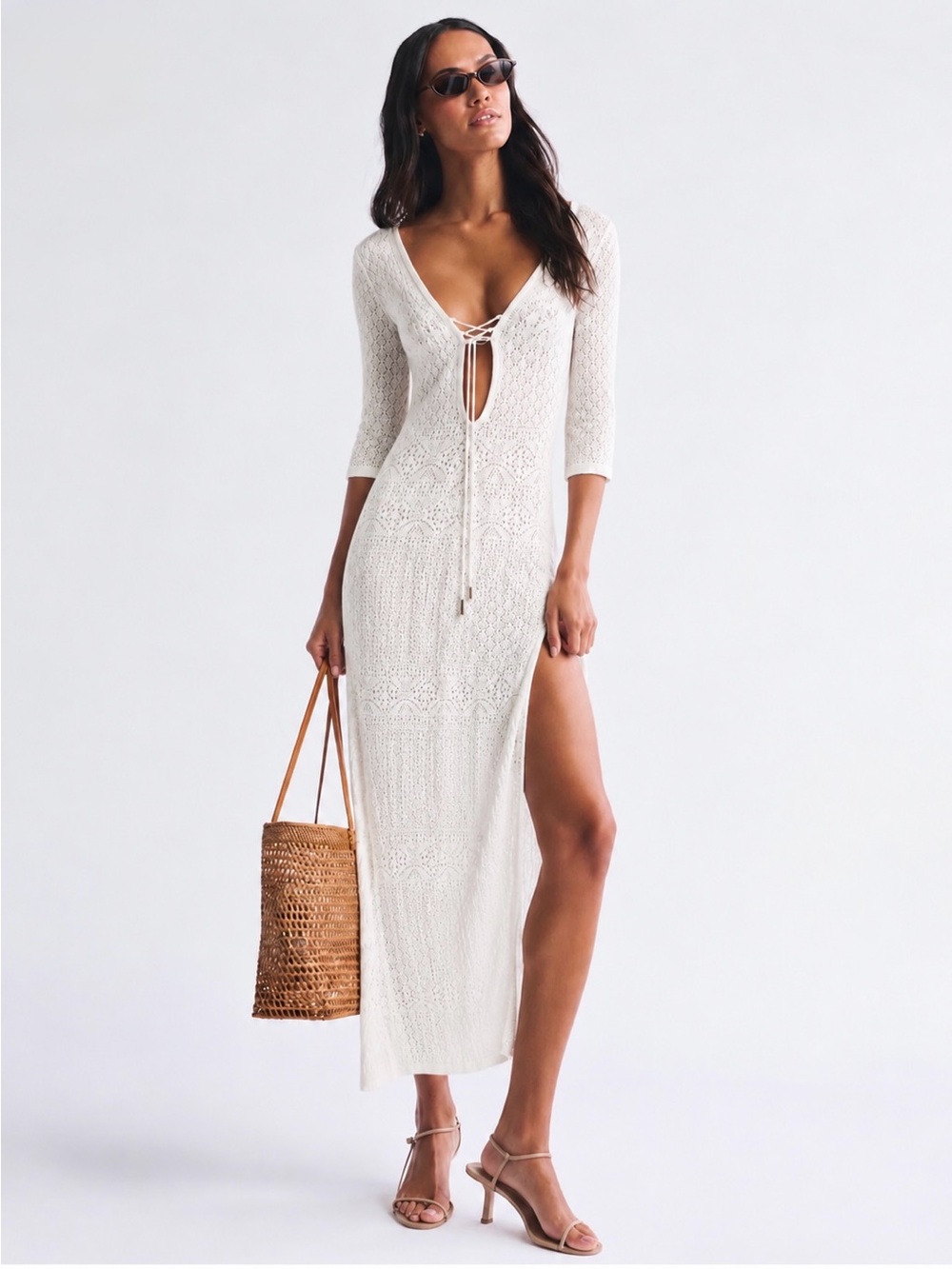 Lipsy London White Crochet Knit Maxi Dress Cover Up Size US 6 Boho Beach Resort